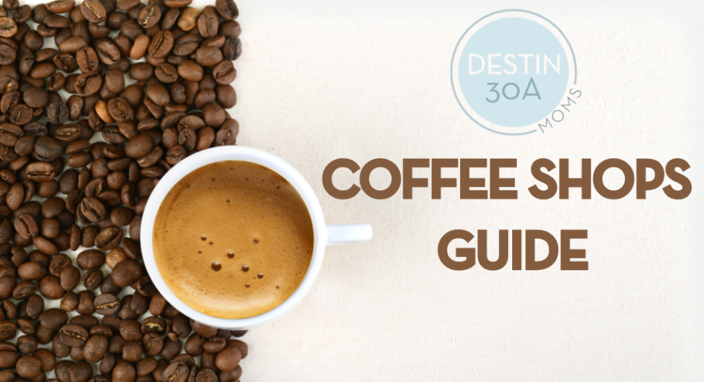 Coffee Beans on a white space with a cup of coffee by a sign that says "Coffee Shops Guide"